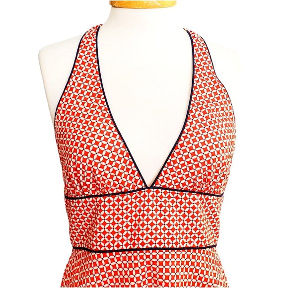 J Crew Halter Sundress Red & White Print Blue Trim V-Neck Casual Party Beach 8 - Picture 2 of 6
